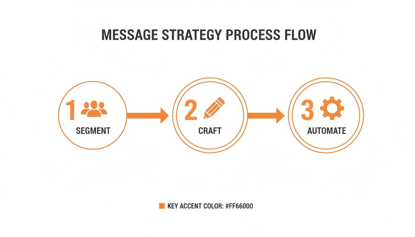 مخطط تدفق استراتيجية الرسائل بثلاث خطوات: التقسيم، الصياغة، والتشغيل التلقائي.