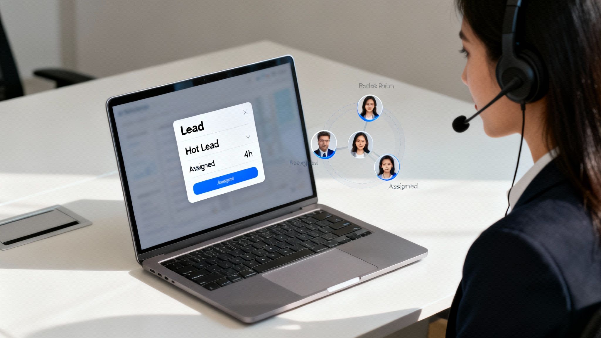 محترف مبيعات يرتدي سماعة رأس يخصص عميلاً في نظام متابعة العملاء المعروض على لابتوب.