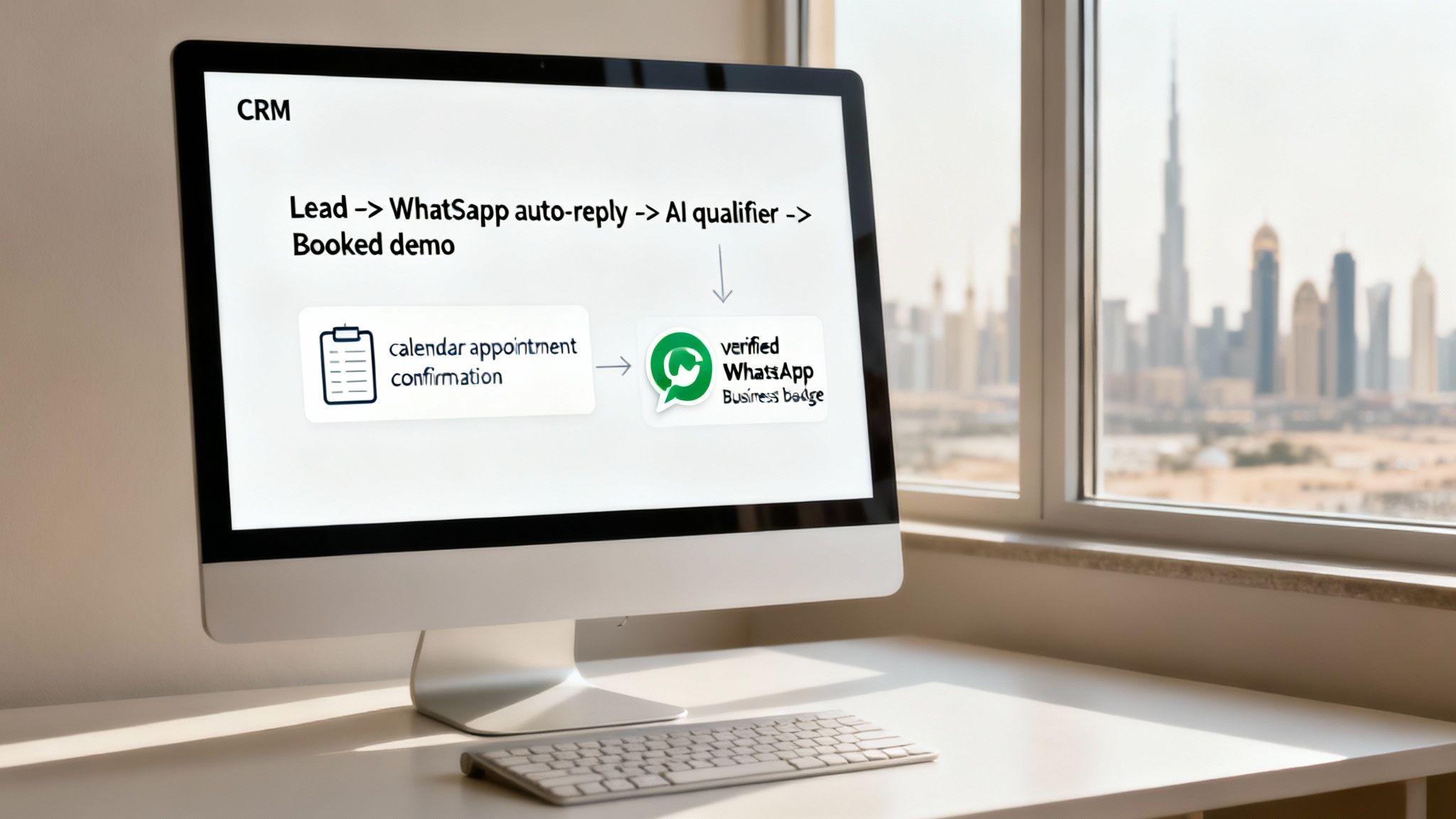 A computer screen displays a CRM lead qualification workflow using WhatsApp auto-replies and AI, with Dubai skyline in background.