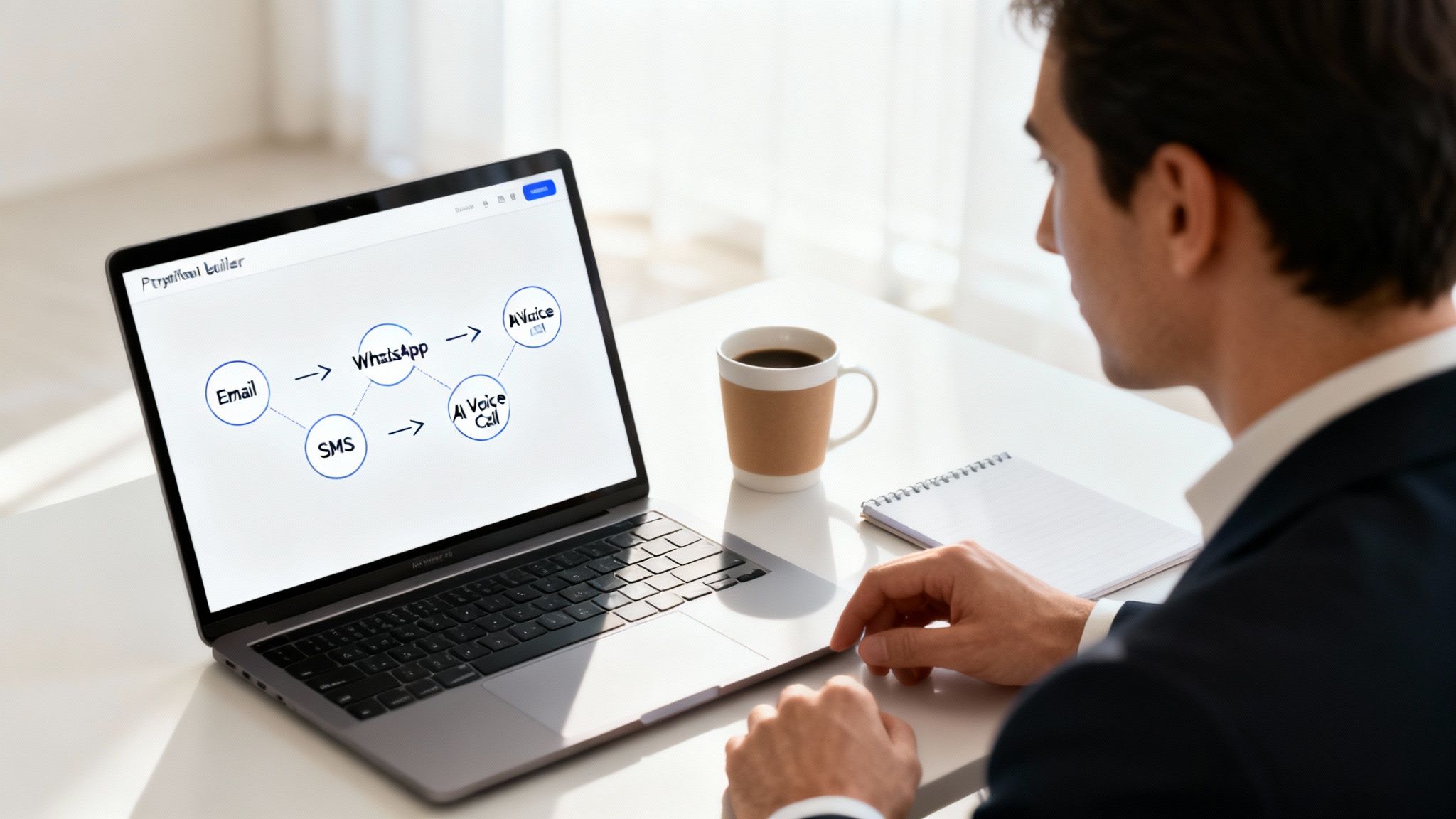 Man viewing a laptop screen with a communication flowchart showing Email, SMS, WhatsApp, and AI Voice Call.