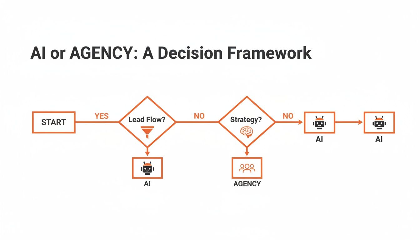 Decision framework flowchart evaluating AI versus agency for lead flow and strategy.