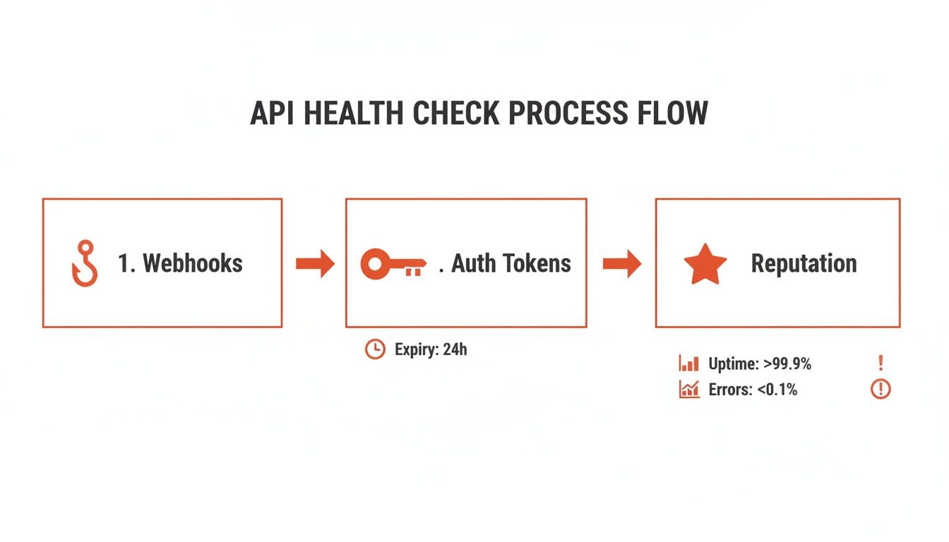 Flowchart illustrating the API health check process including webhooks, authentication tokens, and reputation metrics.