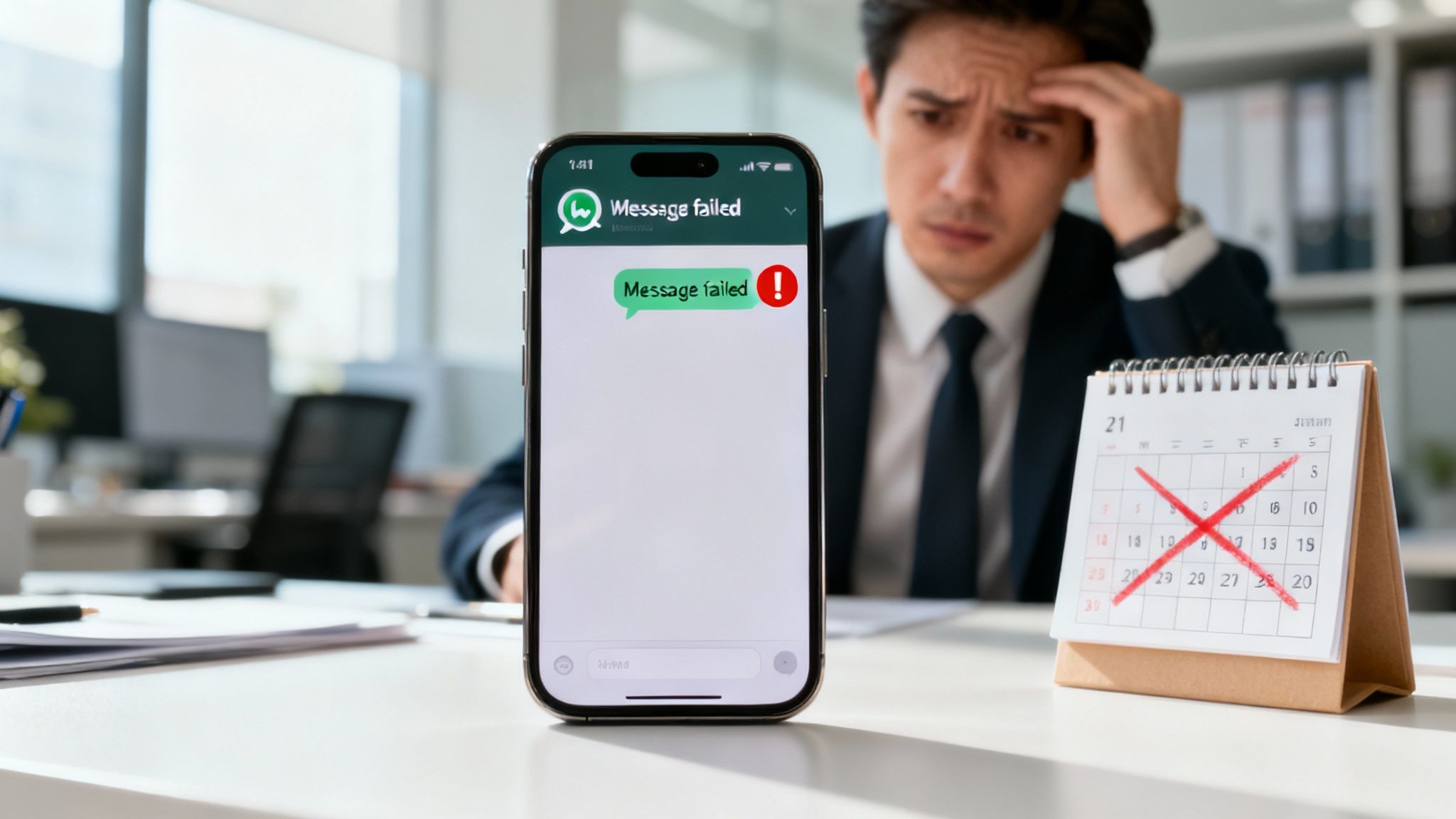 A stressed businessman looks at his phone displaying a 'Message failed' error, with a calendar showing crossed-out dates.