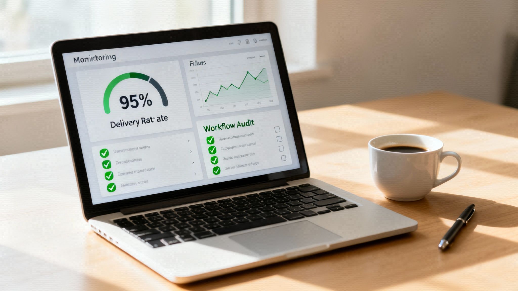 Laptop on a wooden desk displays a business monitoring dashboard with a high delivery rate and workflow audit.