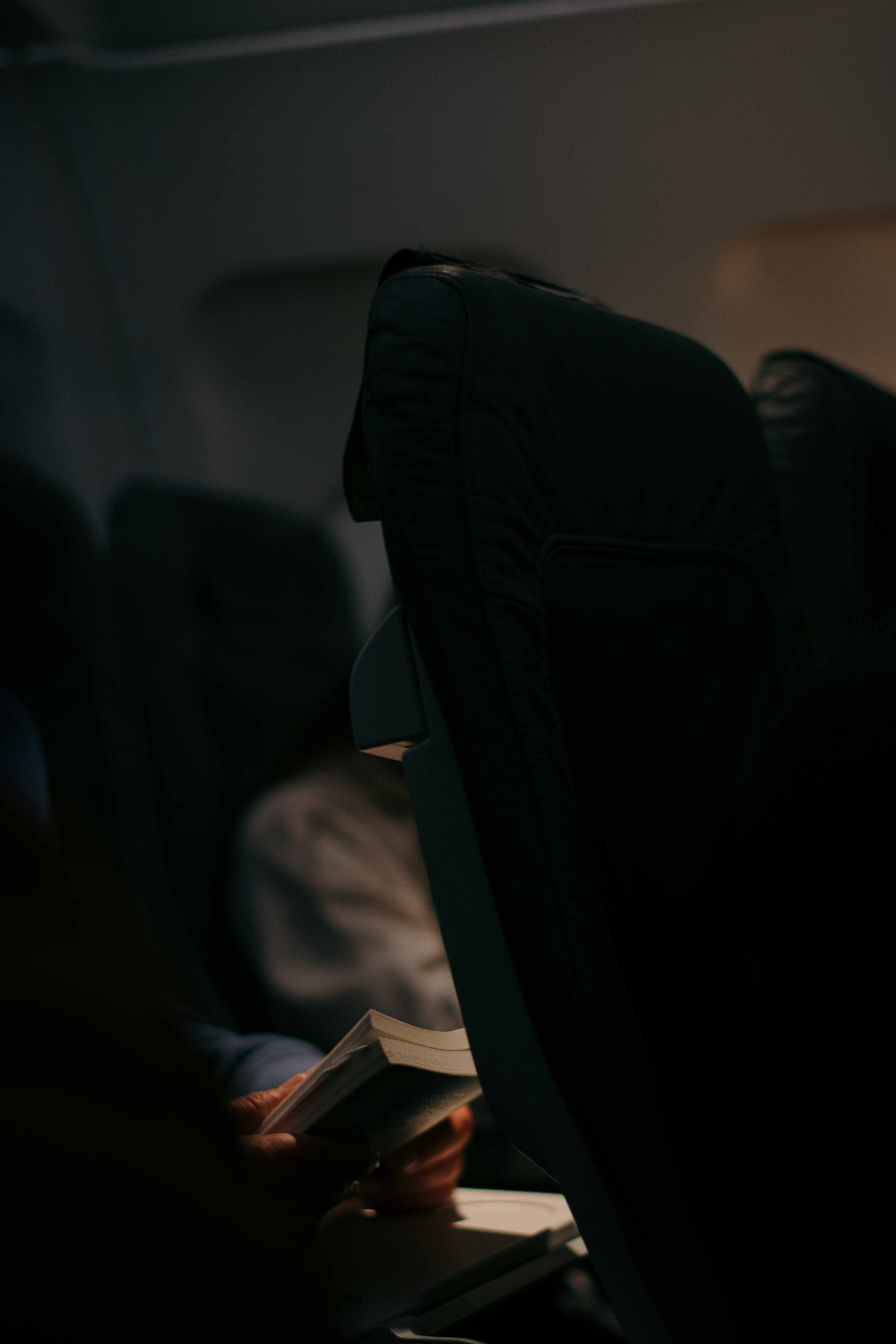 person reading a book on an airplane