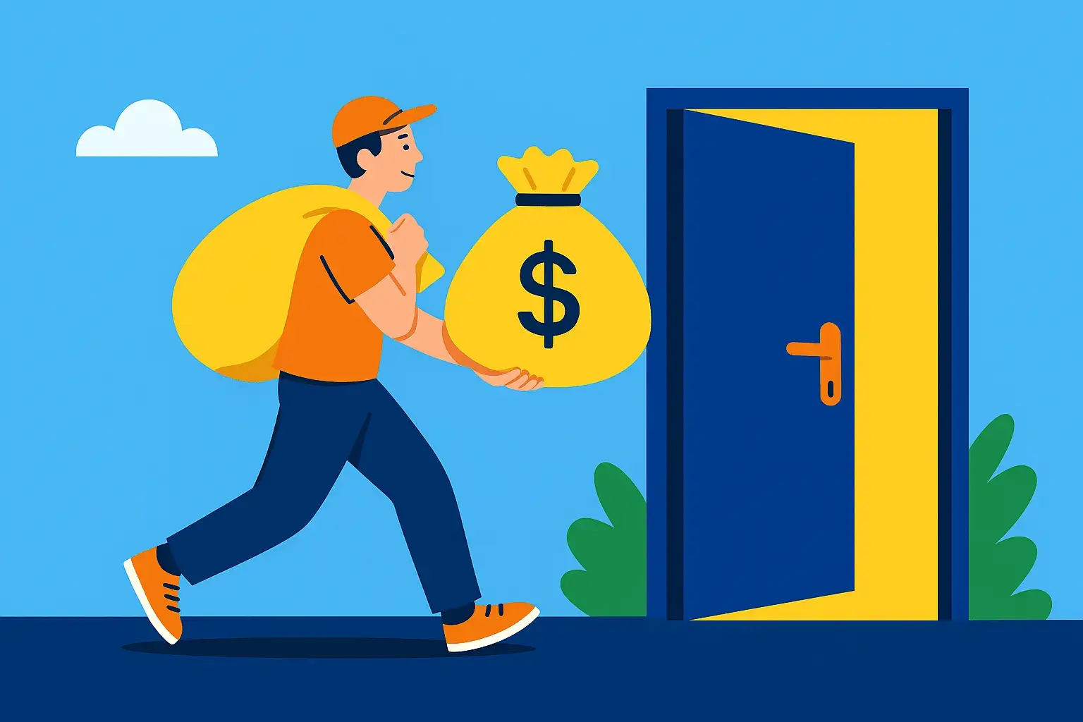 Visual metaphor of a payment processor as a courier transporting funds after the gateway opens the door.