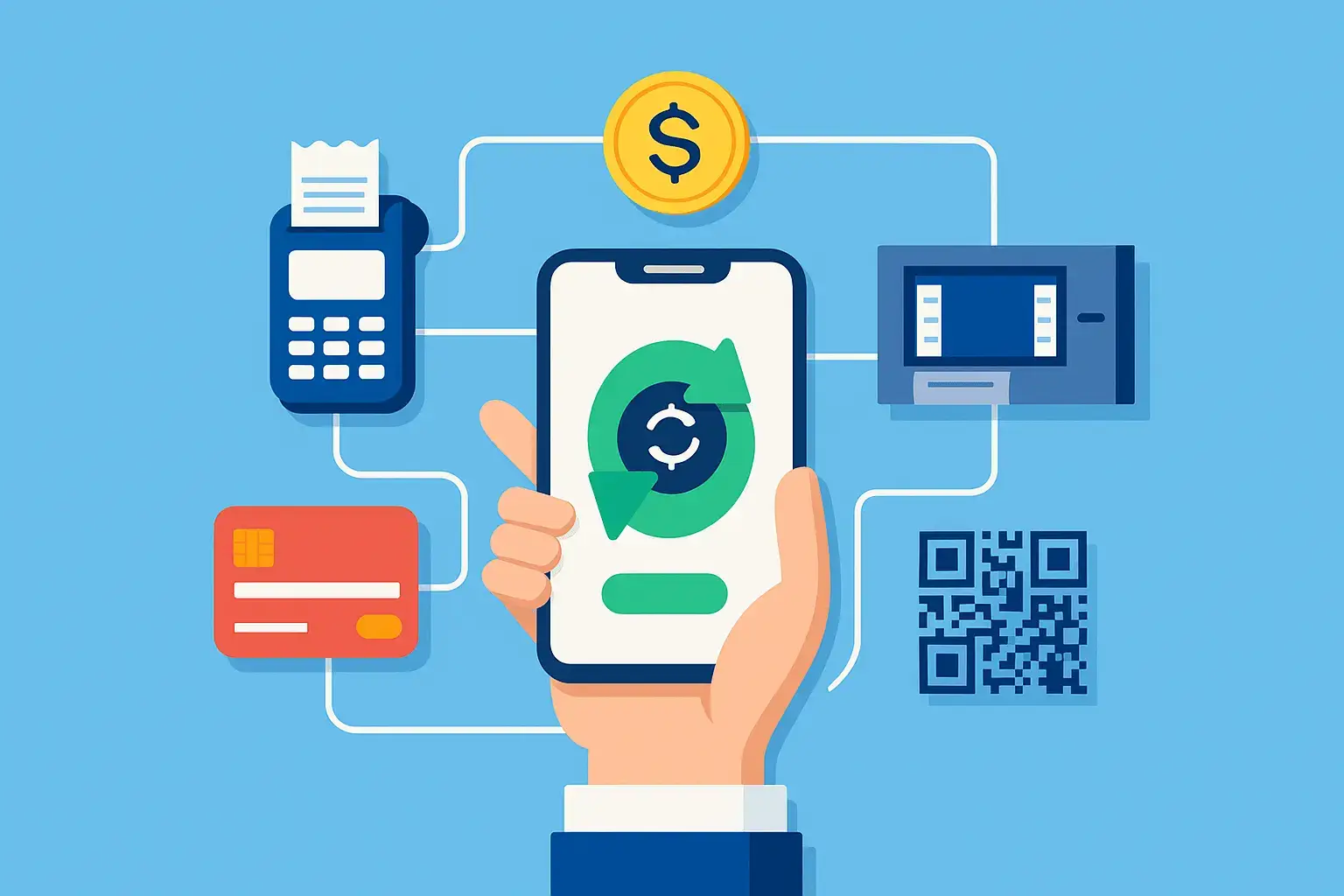 Smartphone linking to payment tools, showing gateway and processor integration.