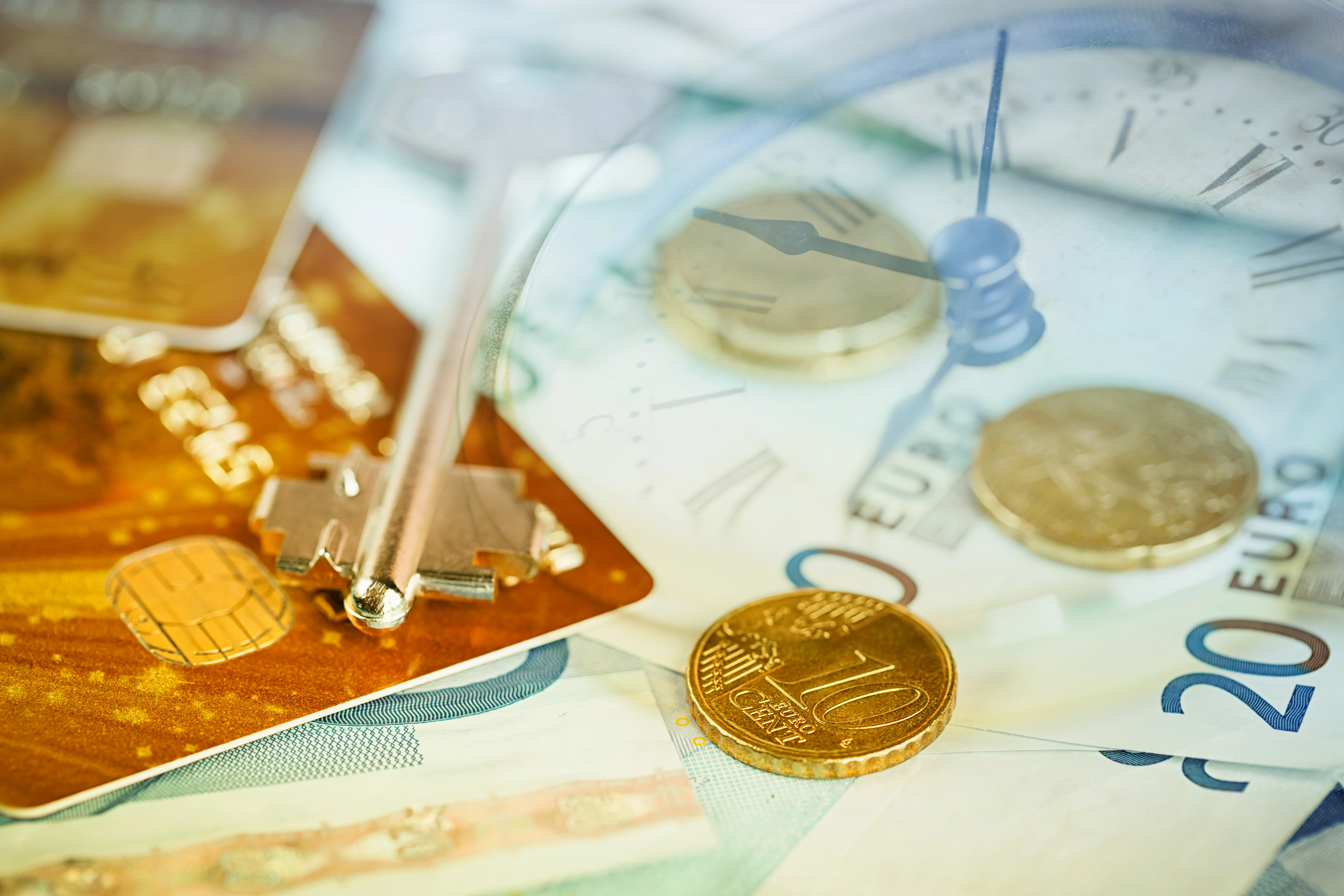 Concept of cross-border payments with credit cards, currency, and clock