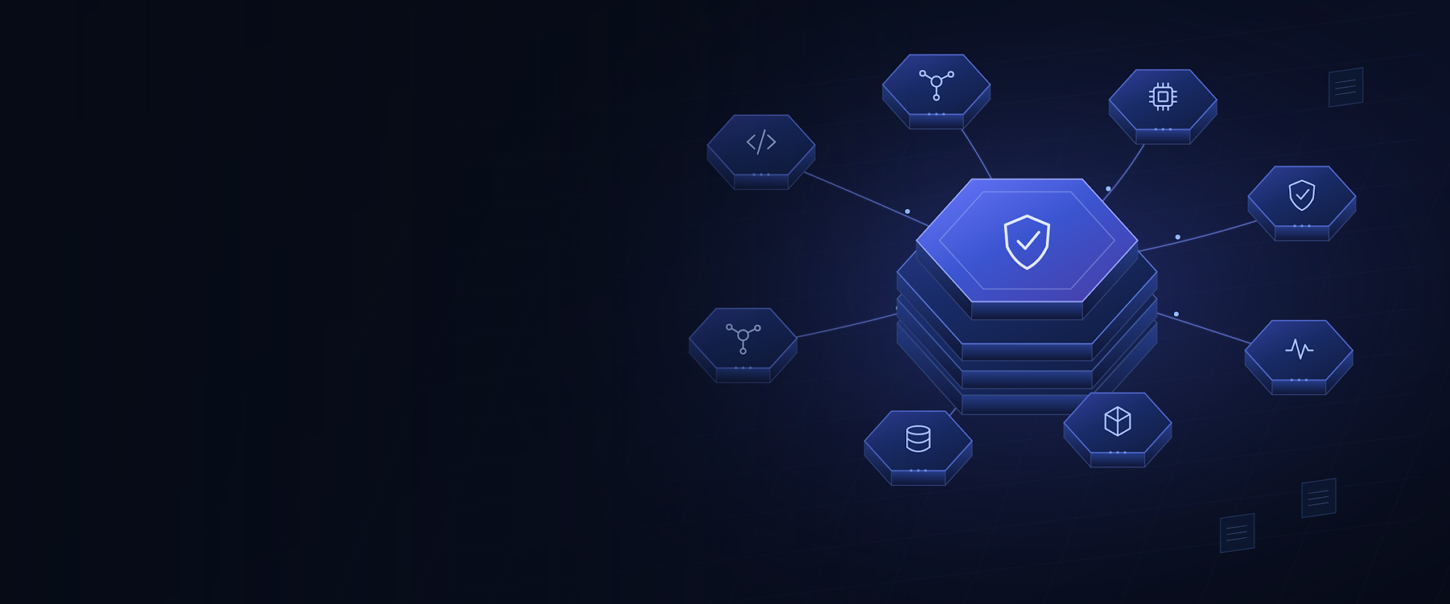 Enterprise agent platform illustration: a layered control core connects specialized agents, knowledge, models, telemetry and isolated execution.