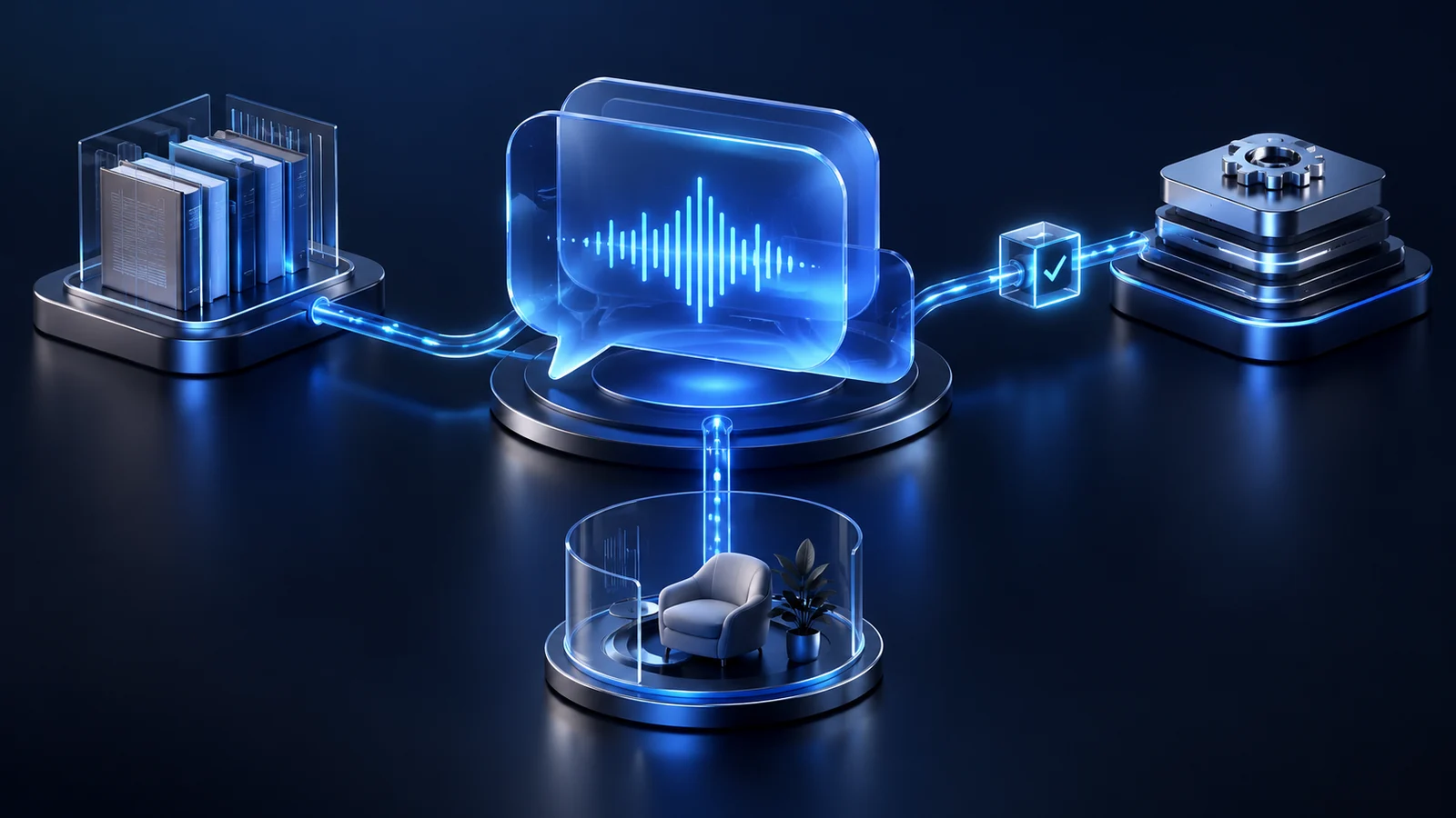 AI chat and voice assistant connecting approved knowledge, controlled product actions and human support.