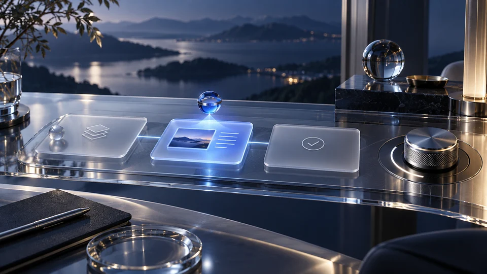 A glass workflow console with three connected task cards, a luminous assistant highlighting the current step and a physical control dial.