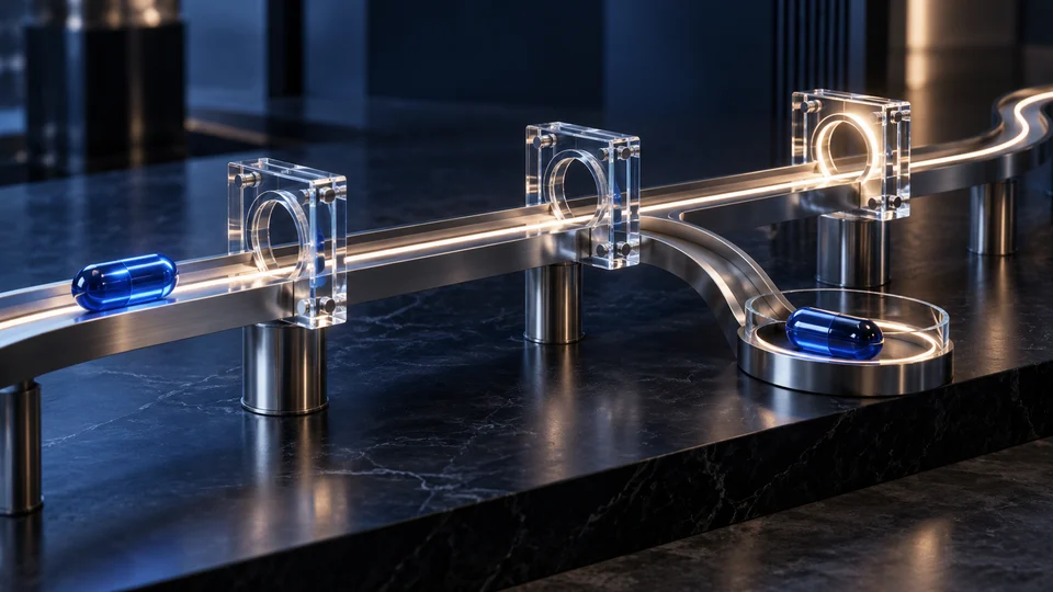 Cobalt glass capsules on a precision metal track pass through transparent checkpoints, with a separate holding bay for exceptions.
