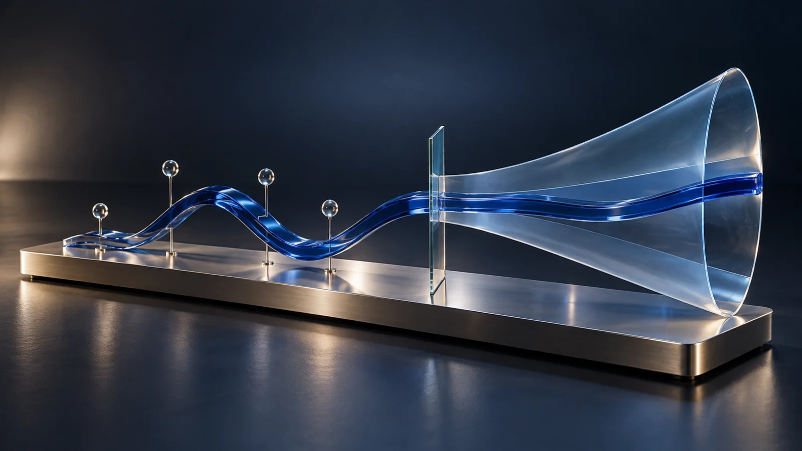 A cobalt glass trajectory extends from historical observations into a widening translucent range of possible futures.