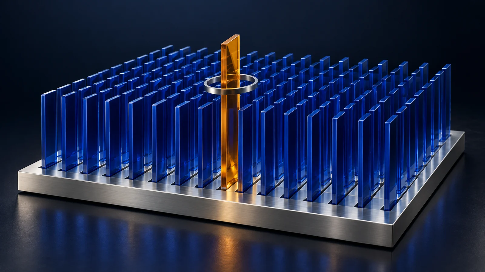 An amber glass fin stands out from orderly cobalt rows, highlighted by a silver inspection ring.