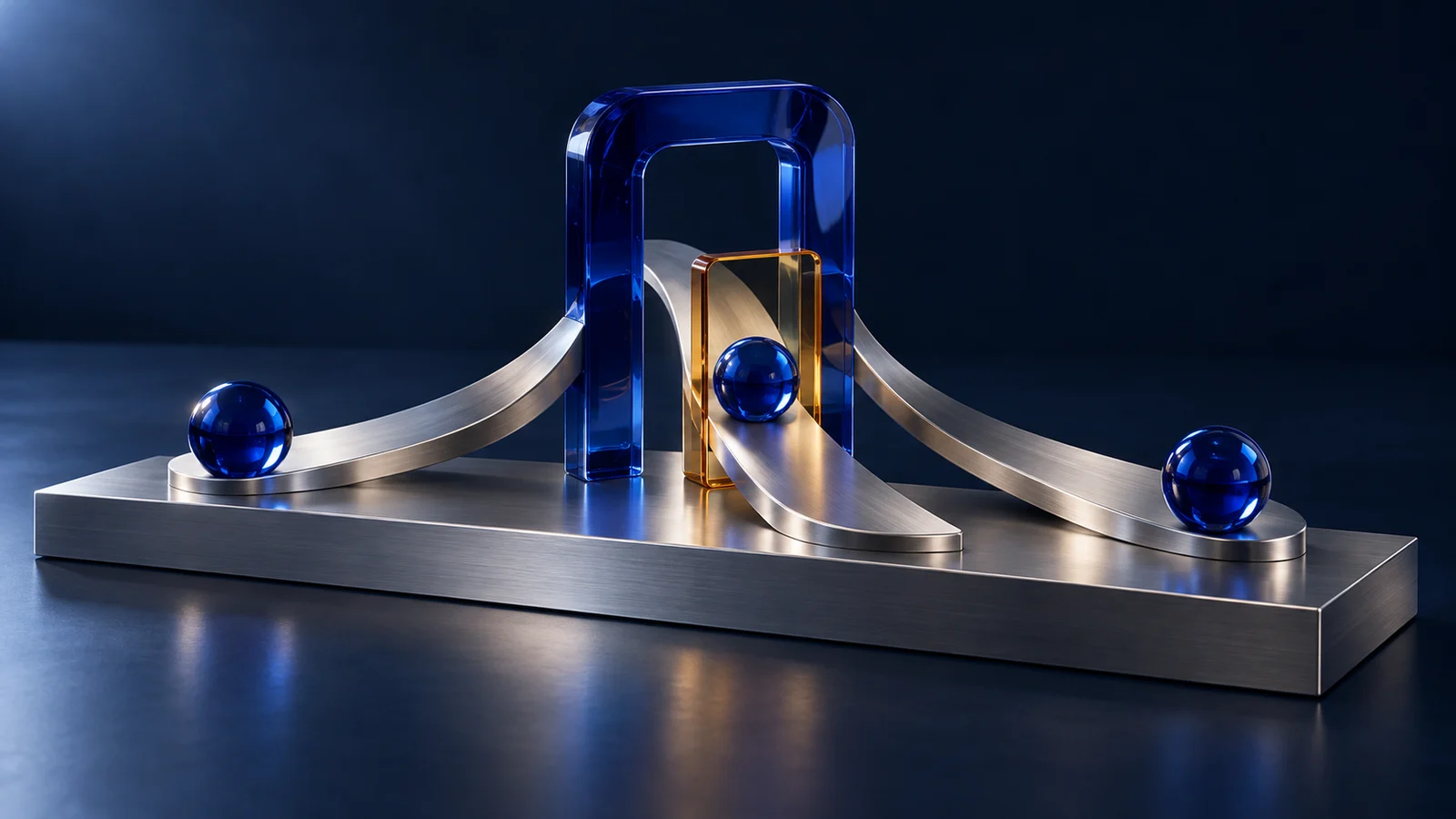 Cobalt glass spheres follow three silver pathways through a blue gateway, with an amber checkpoint on the central route.