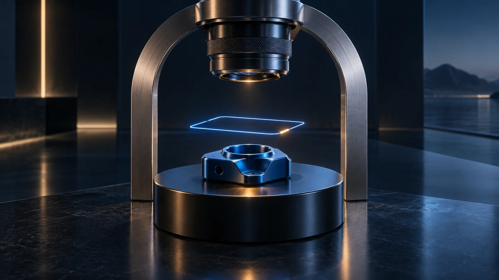A precision camera inspects a cobalt component beneath a titanium arch, with a luminous blue frame and an amber detail.
