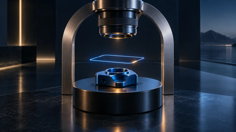 A precision camera inspects a cobalt component beneath a titanium arch, with a luminous blue frame and an amber detail.