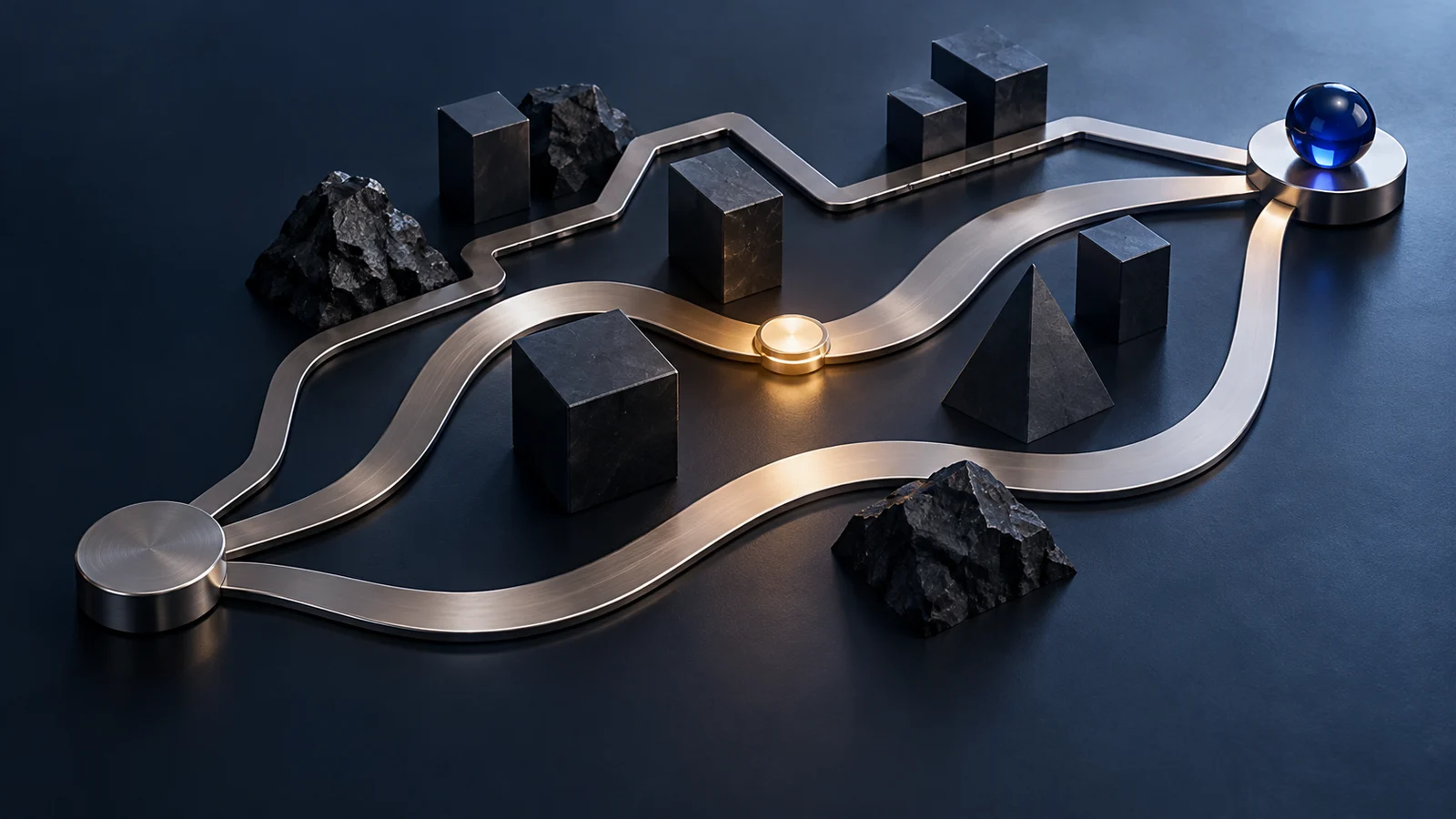 Three sculpted titanium paths navigate dark obstacles toward a cobalt glass sphere, with an amber junction highlighting a planning choice.