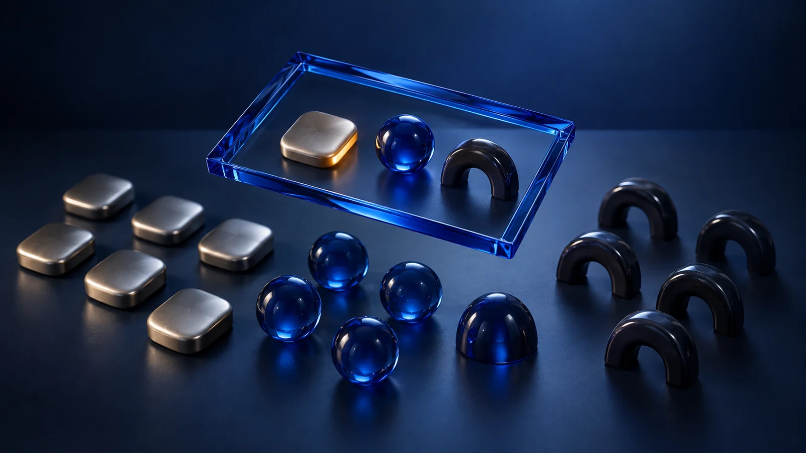 A cobalt glass frame selects a titanium tile, blue sphere and dark ceramic arch from three groups of objects on a navy surface.