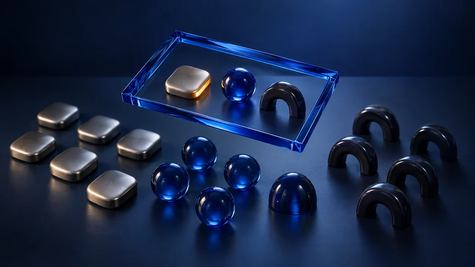 A cobalt glass frame selects a titanium tile, blue sphere and dark ceramic arch from three groups of objects on a navy surface.