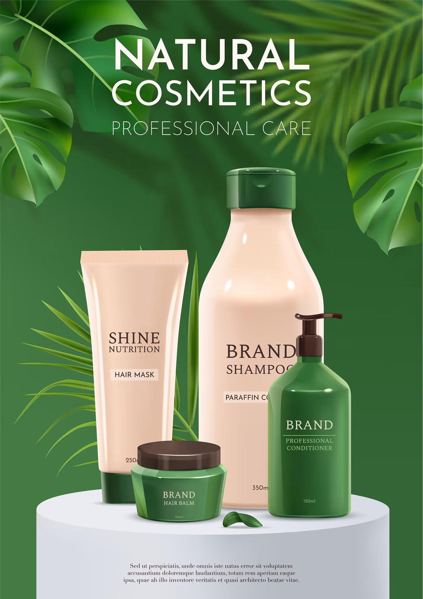 Four natural cosmetic hair care products including a hair mask, shampoo, hair balm, and professional conditioner on a white pedestal with green tropical leaves background.
