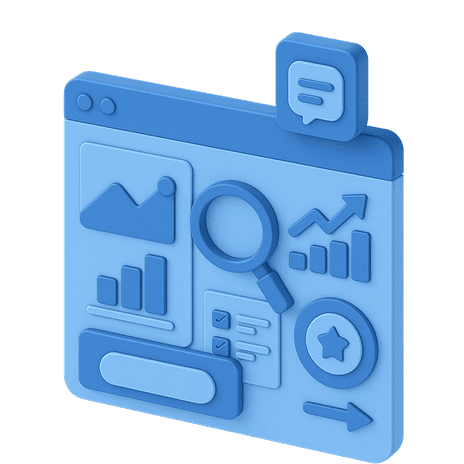 Icône bleue avec graphiques et loupe, représentant l’audit complet de vos projets web.
