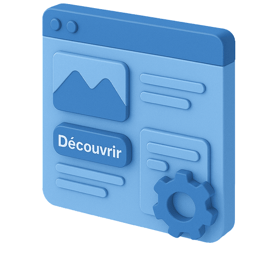 Icône bleue avec engrenage et image, symbolisant le suivi et l’optimisation de votre site après lancement.