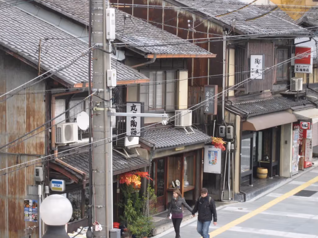 Traditional Asian street with people walking down road