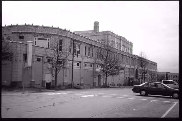 Black and white photo of large building in Downtown Asheville