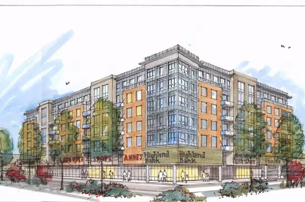 Watercolor illustration of medium-rise apartment building and shops