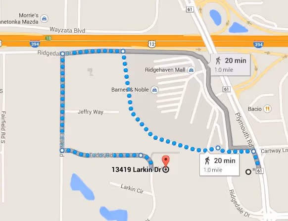Google maps pedestrian path showing a 20 minute walk fora 1 mile distance