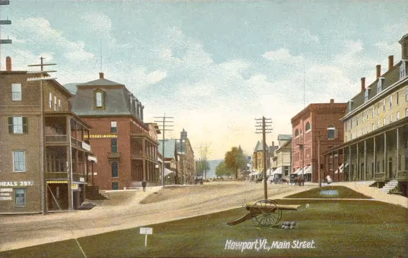 Illustration of an antiquated Main Street in Newport Vermont
