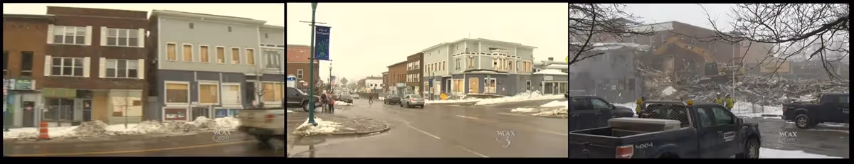 Three pictures side by showing the progression of a street getting demolished