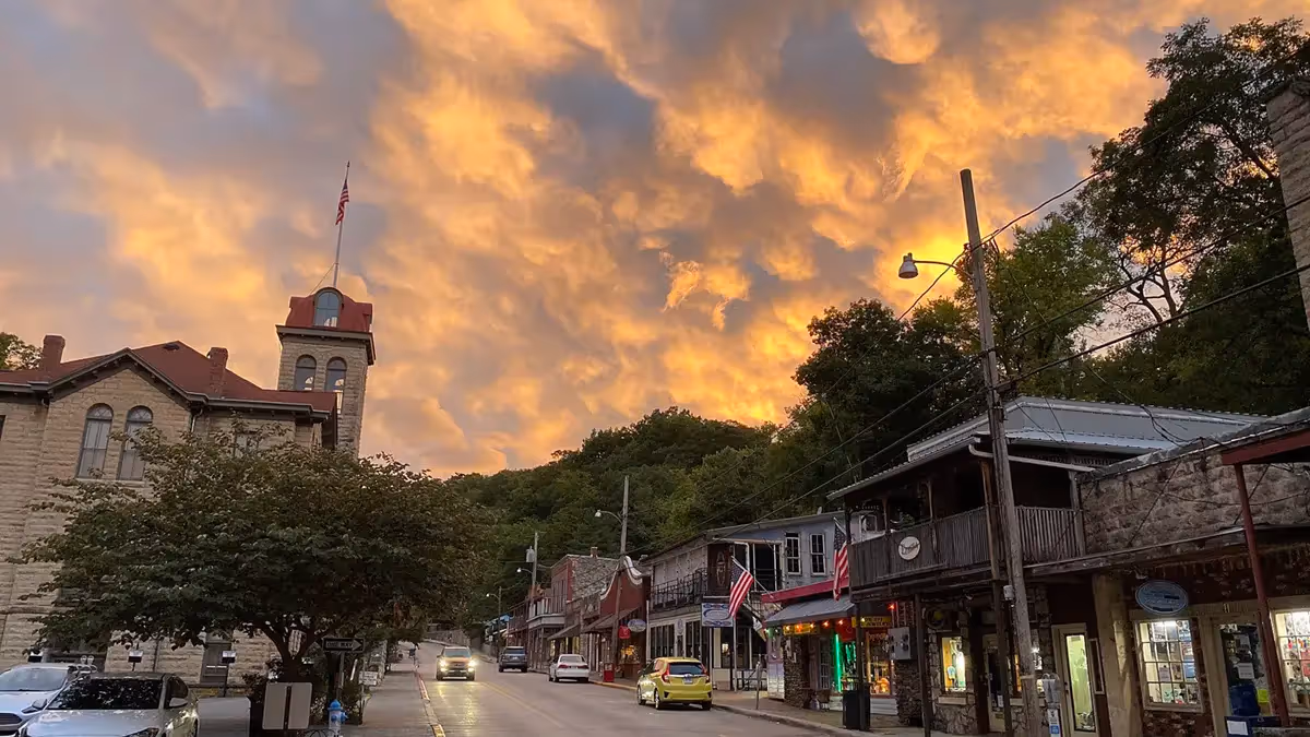 Beautiful sky over Main Street in Eureka Springs in Arksans