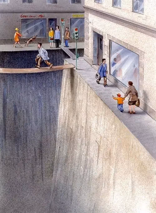 Comic illustration showing how little room pedestrians are able to use