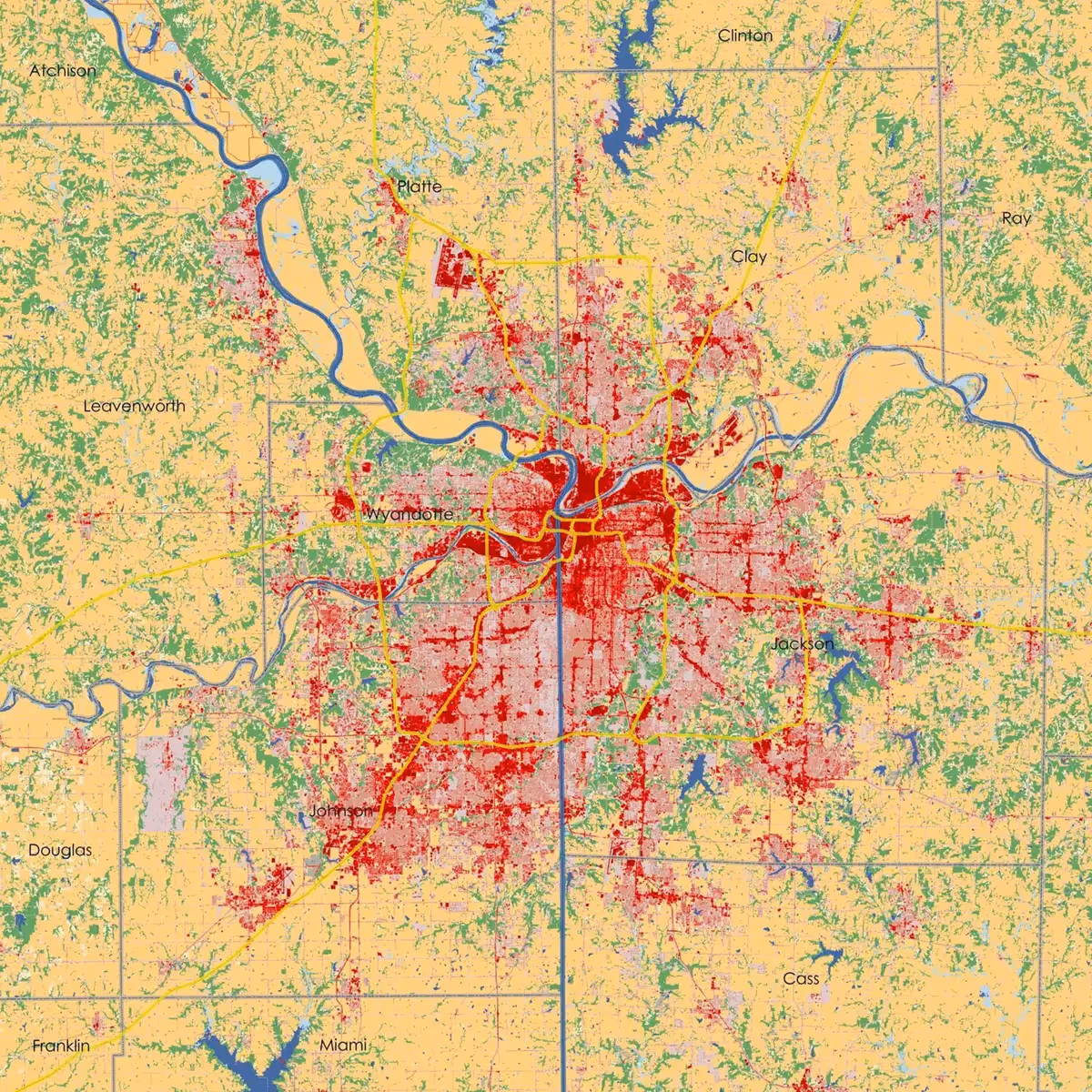 Aerial view of Kansas City map showing growth