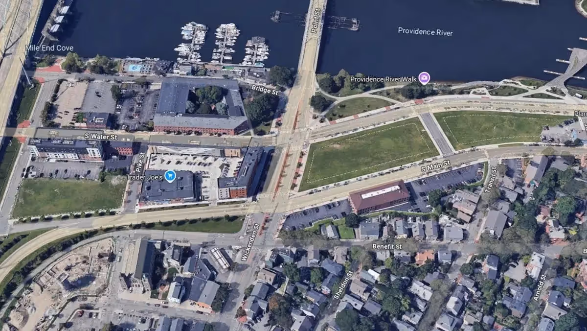 Aerial photo of the riverfront and highway