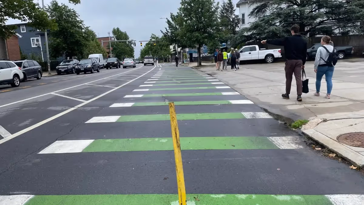 Brightly striped urban trail