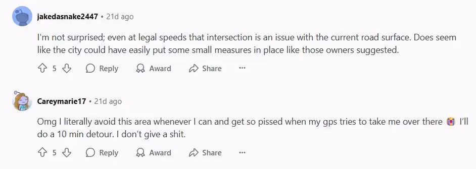 More reddit comments discussing that the intersection should have measures put in place and that people will purposefully avoid that intersection even if it's quicker