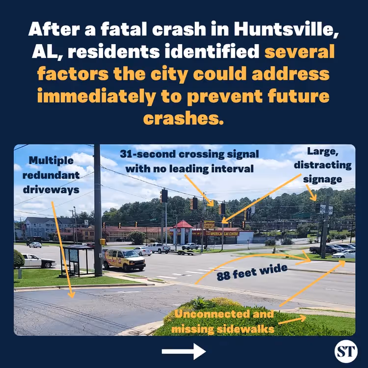 The first slide of an Instagram post showing the factors that could help prevent future crashes in Huntsville Alabama