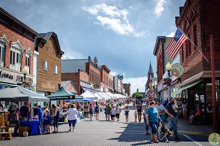 Main street market with tents and booths and people walking