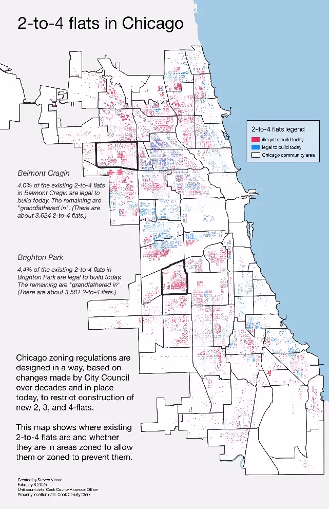 Map showing where 2 to 4 flats in Chicago are legal or illegal