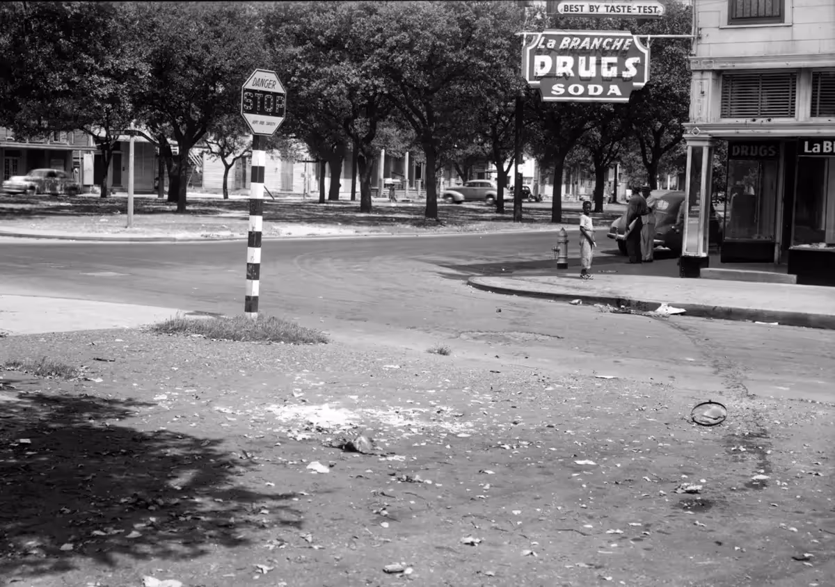 Black and white photo showing a tree lined street and a drugstore off to the side
