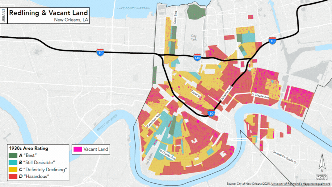 Graph showing that the highway went through redlined parts of New Orleans