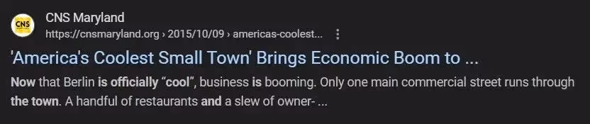 Screenshot of an article title Americas coolest small town brings economic boom
