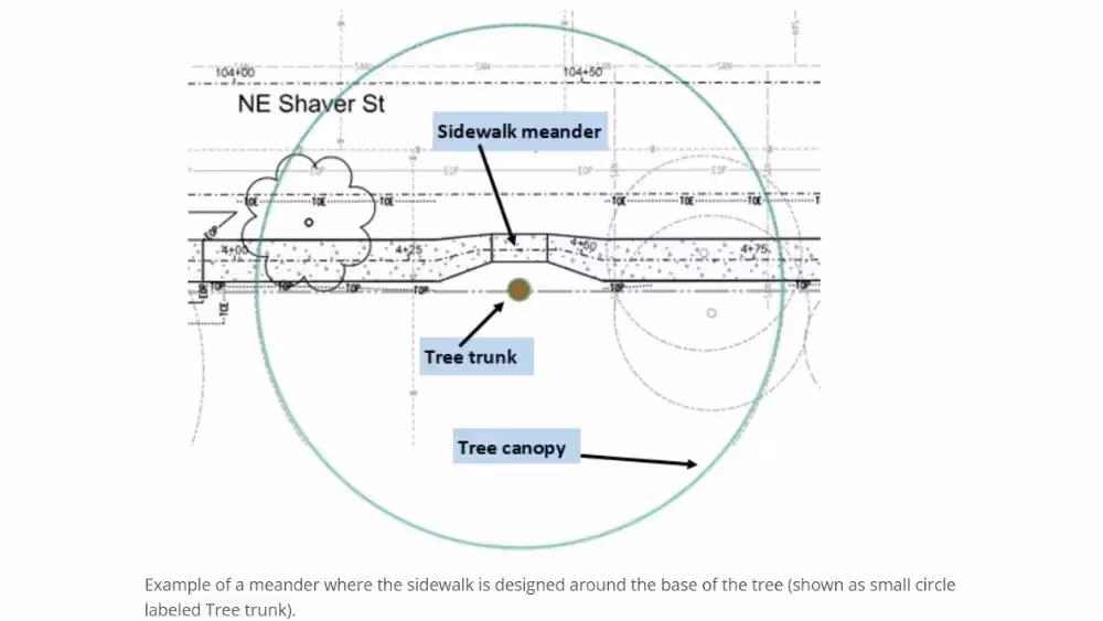 Diagram showing a sidewalk which has slightly bumped out to avoid a treeb