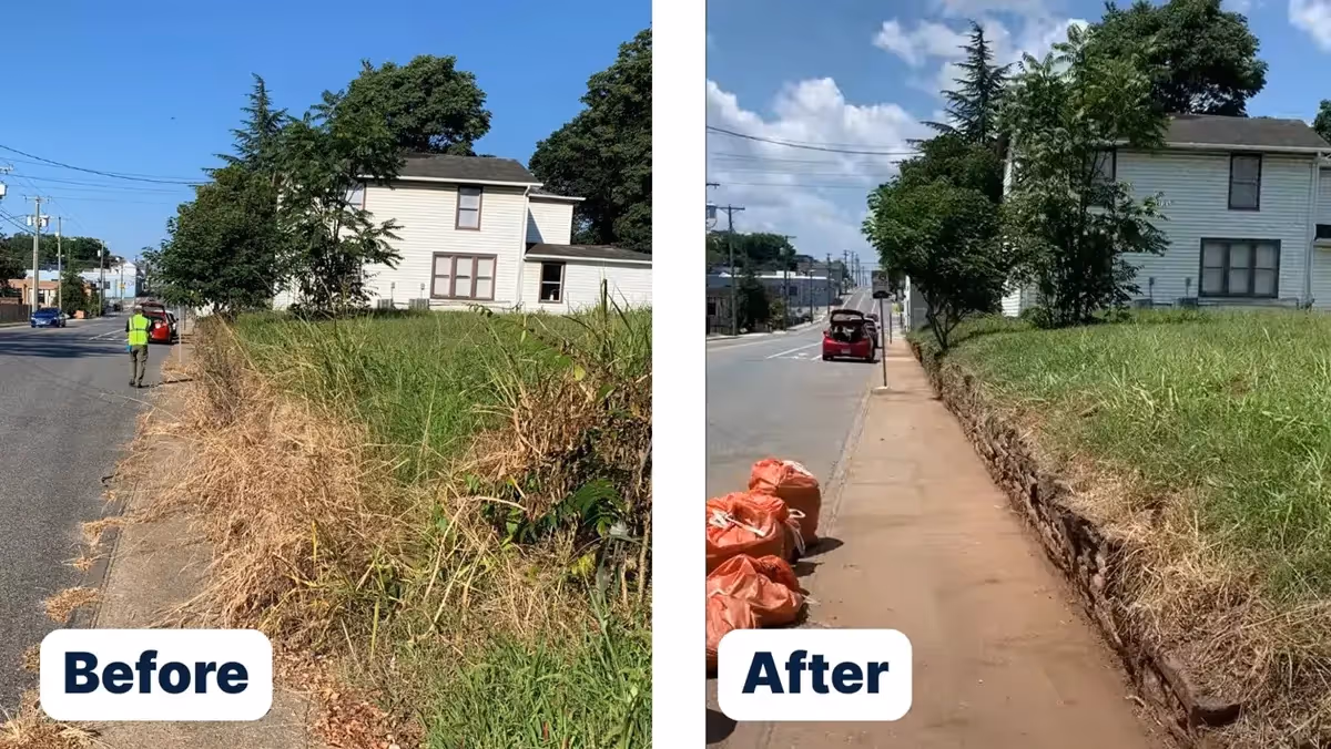 Before and after of sidewalk bordering road being totally cleaned up