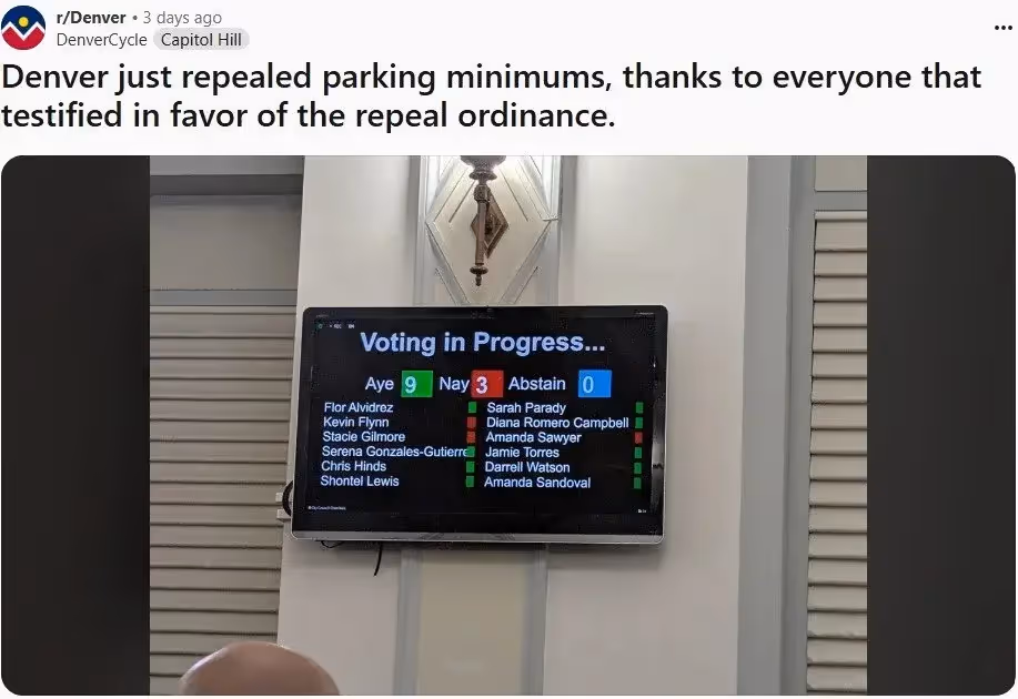 Screen showing voting in progress on the parking mandate issue
