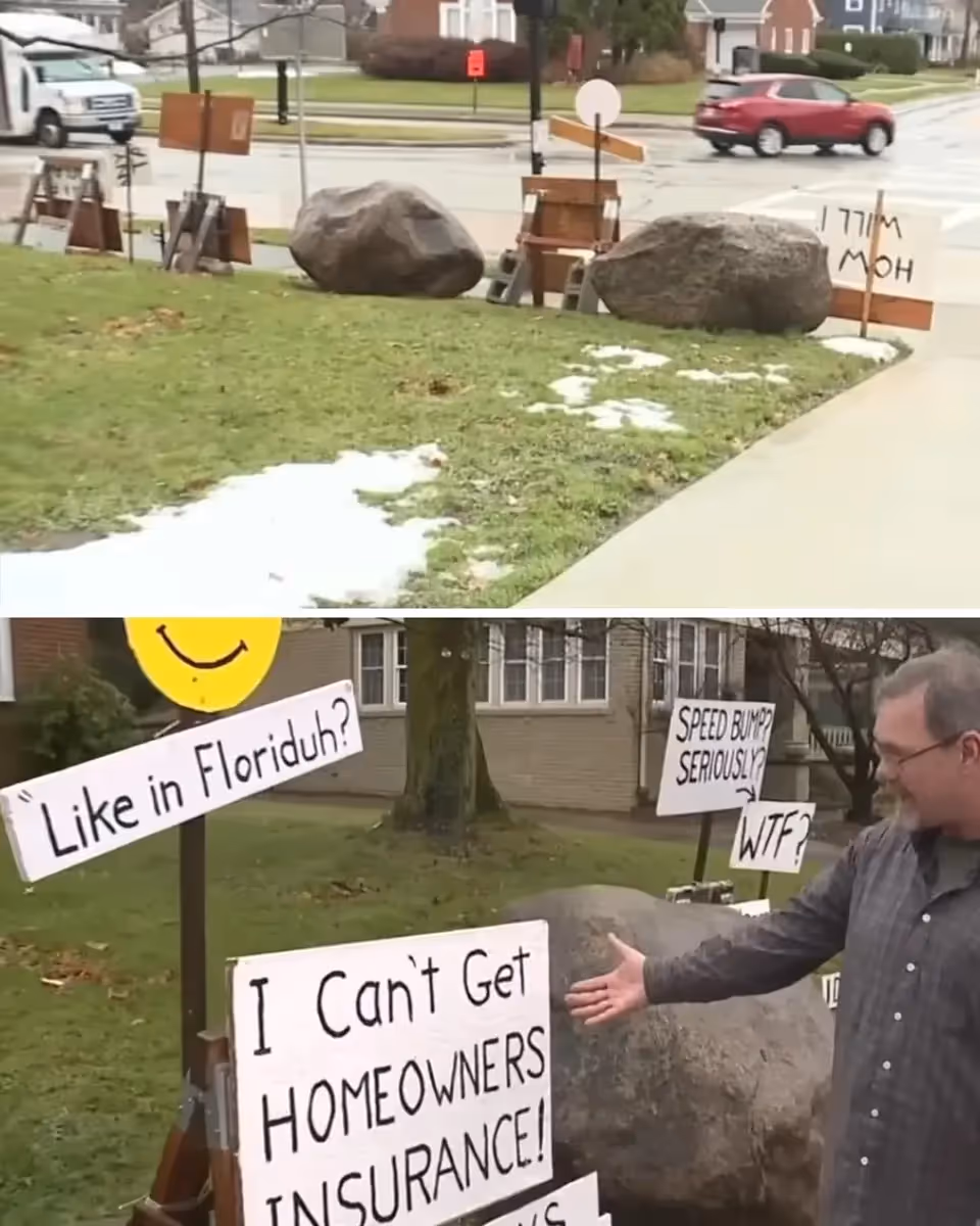 Two photos showing signs and boulders placed in John Galls front lawn