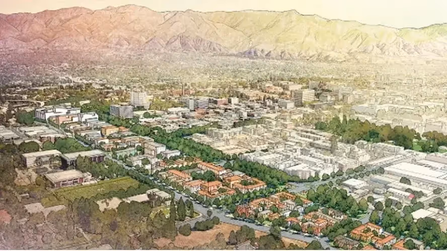 Watercolor illustration of Pasadena with a highway removed and filled with buildings and greenery
